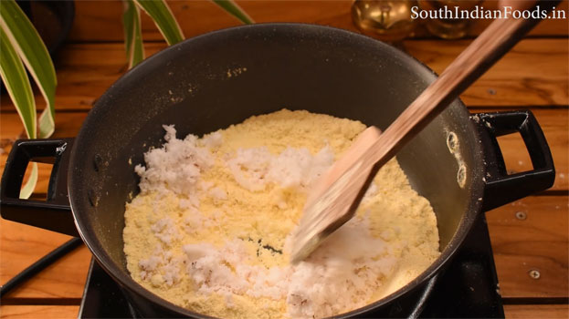 Heat ghee in a pan add gram flour saute till you get nice aroma