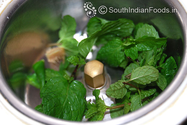 Add mint leaves, ginger, green chilli, grind with 4 tbsp water