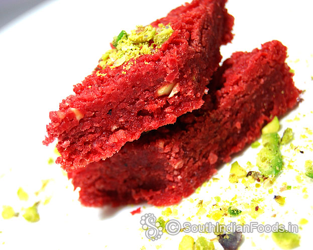 Beetroot coconut red colour burfi without artificial colour added for diwali