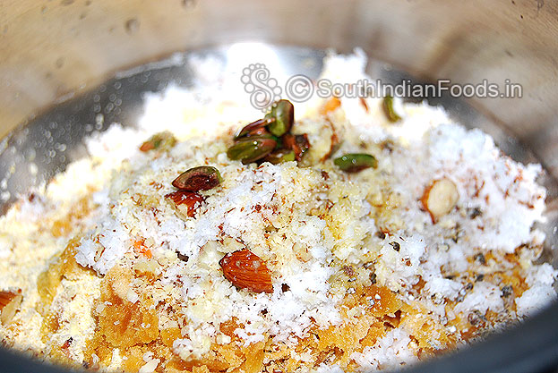 Add coconut, nuts, ghee mix well