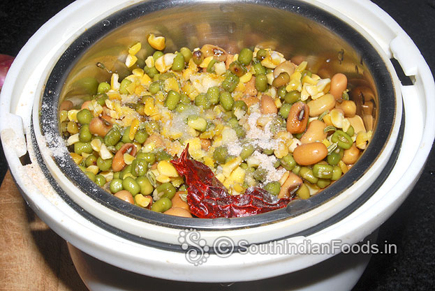 In a mixer jar add green gram, corn, cow peas, salt, dry red chilli, fennel seeds & asafetida