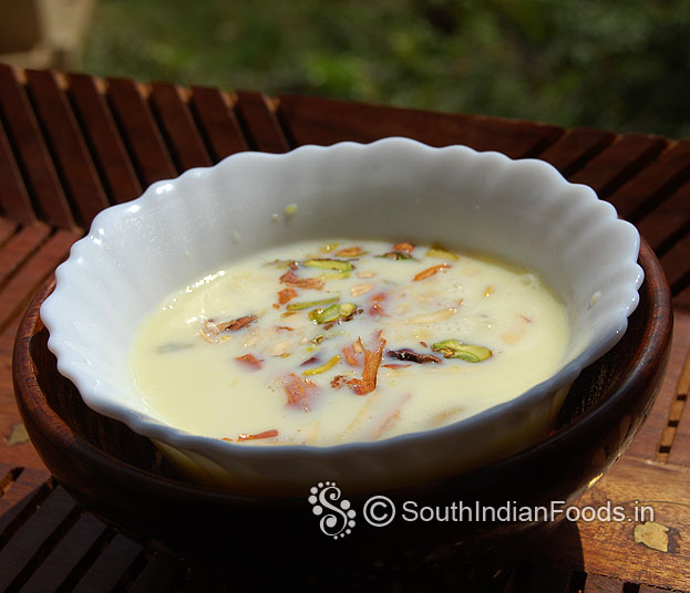 Paal basundi is ready, add ghee roasted almonds, pistachios, cashews serve hot or chilled
