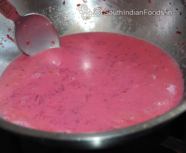 Bubbles coming from beetroot sago mixture, let it cook till soft