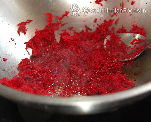 Heat 3tbsp ghee in a pan add finely grated beetroot roast till raw smell out
