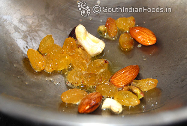 Heat ghee in a pan add pista, almonds, raisins & cashewnuts