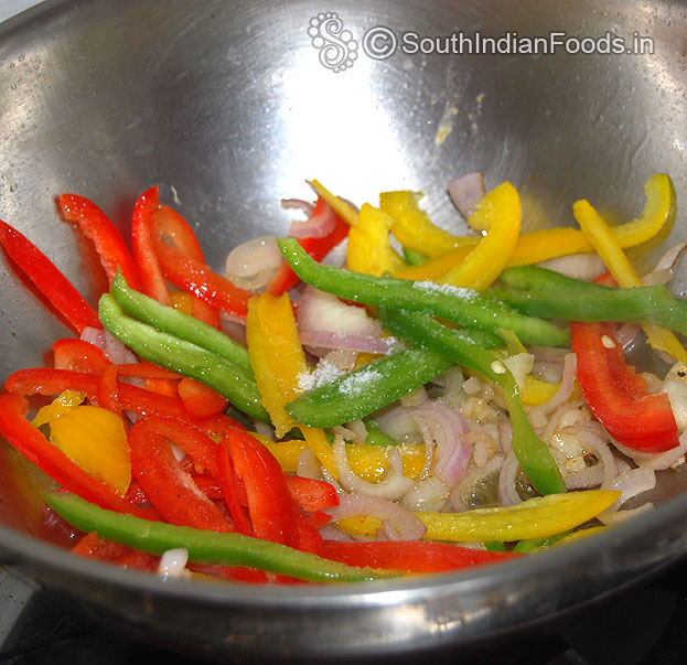 Add green chilli, capsicum and salt saute