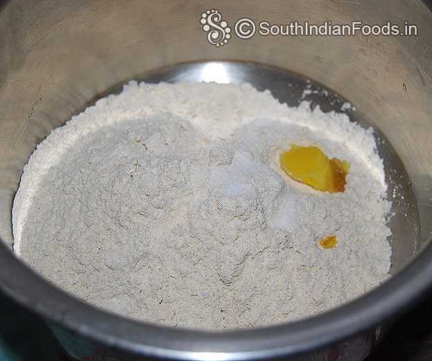 In a bowl add wheat flour,  salt & ghee