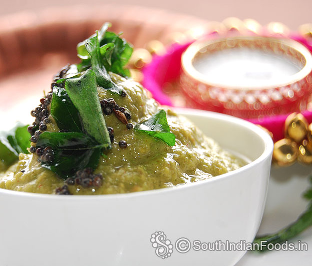 Green capsicum chutney ready, serve hot with idli, dosa, rice or chapathi
