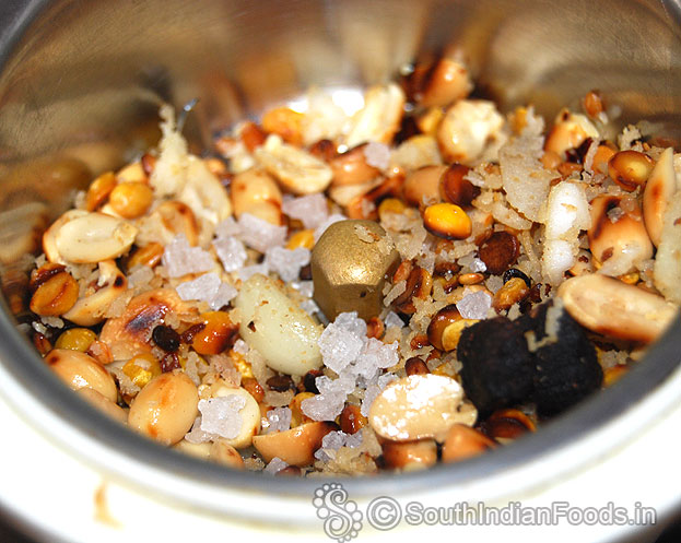 Put roasted ingredients in a mixie jar, coarsely grind without water