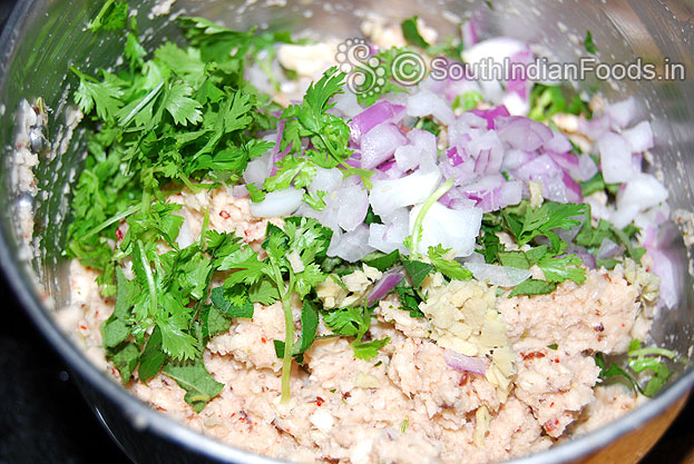 Add onion, ginger, green chilli, curry leaves & coriander leaves
