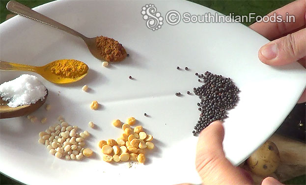 For seasoning:-Mustard, chana dal, urad dal, salt, turmeric & red chilli powder