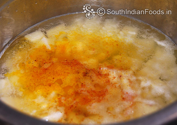 Boil potatoes with turmeric & red chilli powder till soft