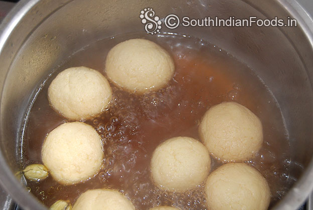 Rasgullas are now ready and doubled in size now cut off heat
