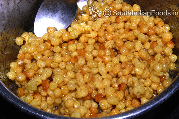Sweet boondi absorbed all the sugar syrup and turned crispy