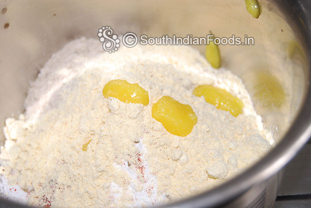 Add ghee and warm water mix well, knead it & make soft dough