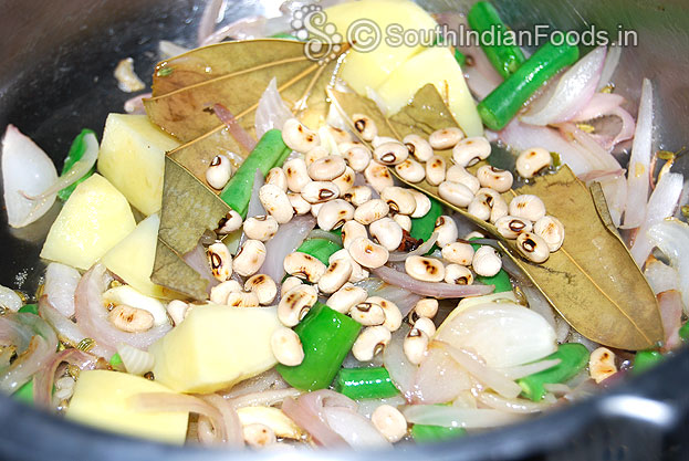 Heat pressure cooker add oil & ghee, add cinnamon, cardamom, fennel, clove & bay leaves, then add potato, french beans & karamani