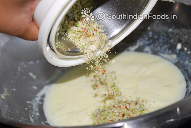 Add coarsely ground almond and pistachio mixture mix well