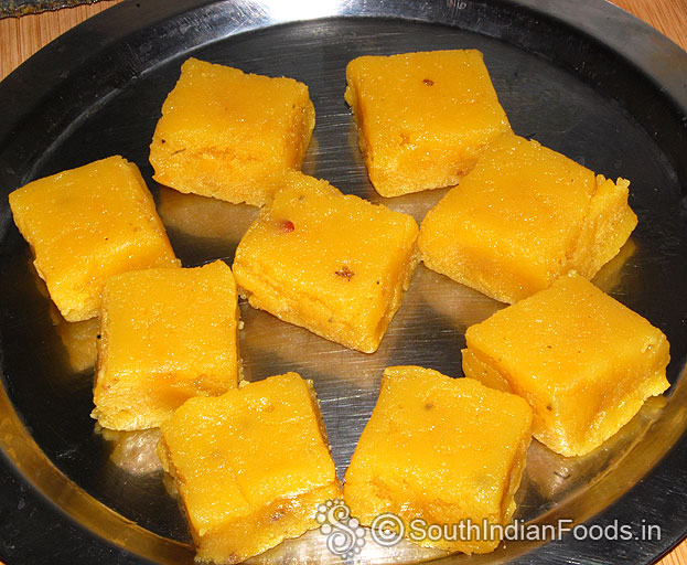 Delicious soft mango burfi ready, store in an airtight container, refrigerate & serve