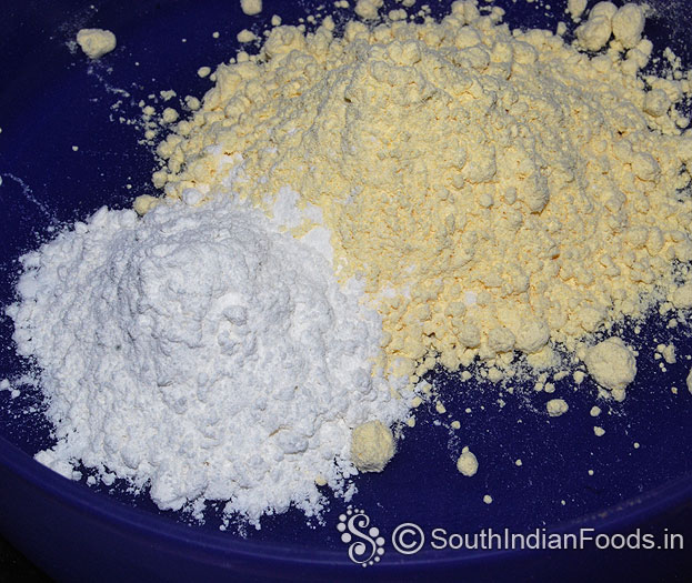 In a bowl or plate add gram flour, rice flour