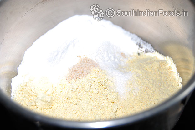 In a bowl add rice flour, gram flour, asafetida & salt mix well