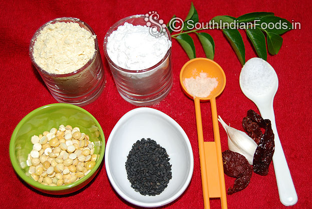 Spicy ribbon pakoda / kara ola pakoda ingredients-Gram flour, rice flour, pottukadalai, black sesame seeds, asafetida, red chilli, salt & curry leaves