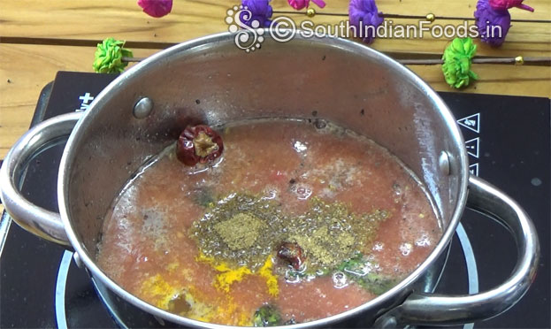 Add tomato tamarind mixtire, turmeric, rasam powder