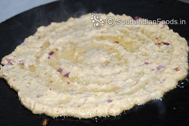 Heat iron dosa pan, pour batter and shape then pour 1 tbsp of oil & cook for 3 min.