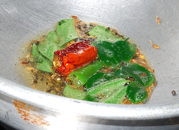 Heat oil in a pan add mustard seed, cumin seeds, red, green chilli and curry leaves. then add asafetida