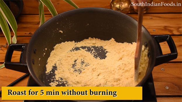 Heat ghee in a pan add gram flour saute till you get nice aroma