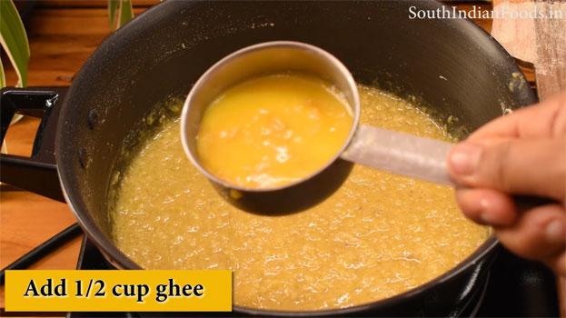 Heat ghee in a pan add gram flour saute till you get nice aroma