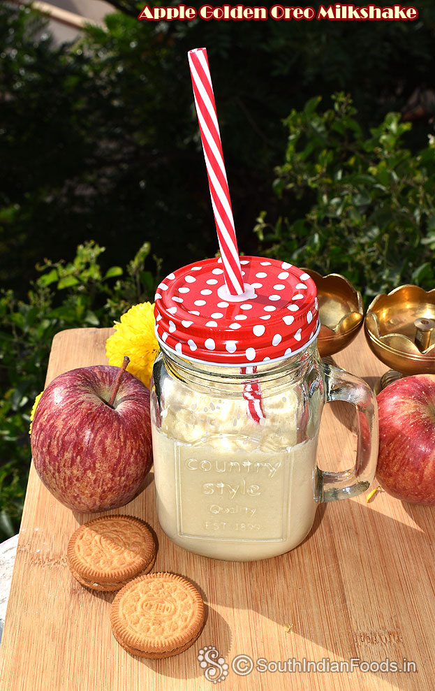 Apple cream biscuit milkshake ready, add ice cubes,serve immediately