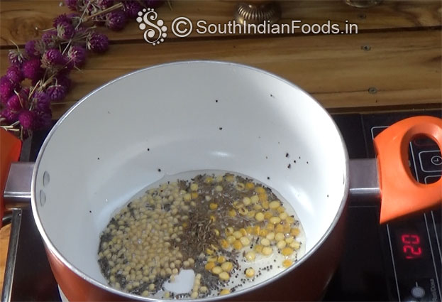 Heat 2 tbsp oil, add mustard, chana dal, urad dal, cumin