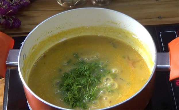 Add coriander leaves, cut off heat