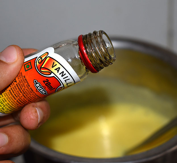 Add custard mixture, vanilla mix well, cook for 5 min