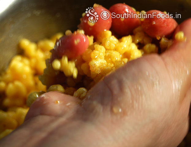 Take handful of boondis, make lemon size ladoos