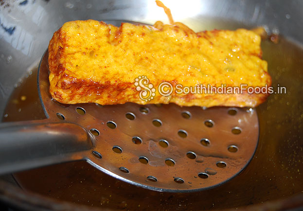 Now bread slices crispy and golden brown take it out from oil