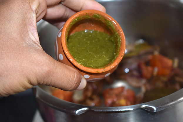 Add ginger, garlic, and mint green chilli corainder mixture