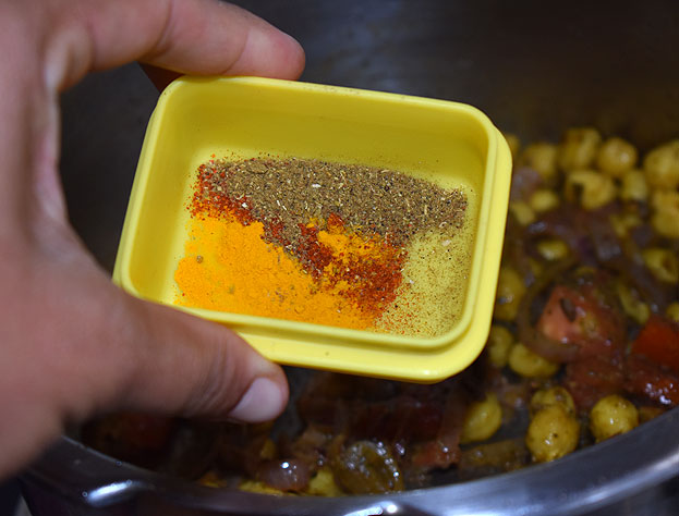 Add turmeric, red chilli powder, garam masala powder saute