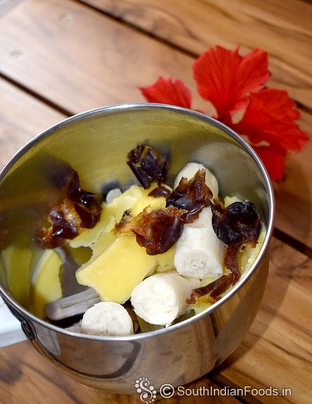 In a mixer jar add banana, dates, custard ice cream