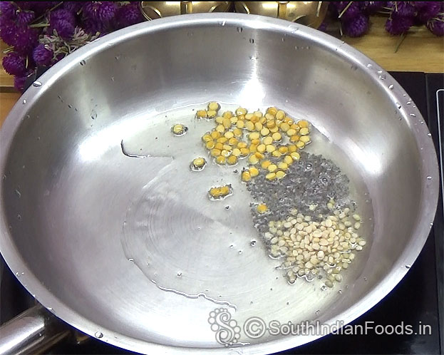 Heat 2 tbsp oil, add mustard, chana dal, urad dal
