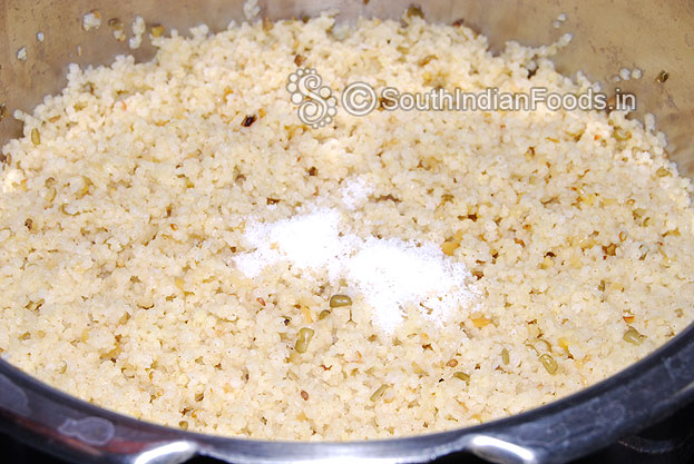 After 4 whistles, perfectly cooked thinai arisi, now add salt mix well