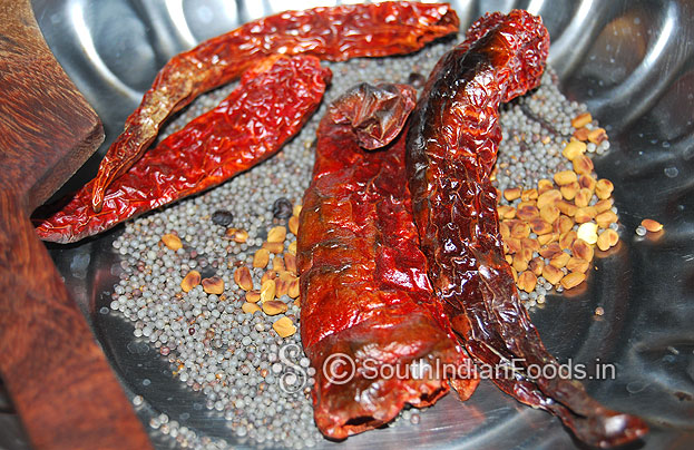 Dry roast mustard, dry red chilli and fenugreek & let it cool