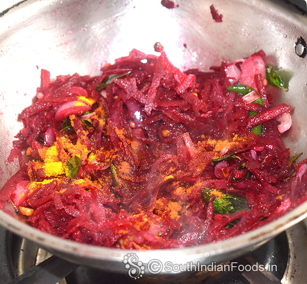 Add turmeric, red chilli powder, salt, saute for 3 min