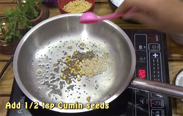 Heat 2 tbsp oil, add mustard seeds, urad dal, chana dal
