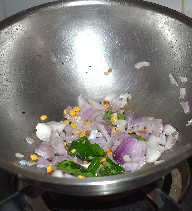Heat 2 tbsp oil, add mustard, chana dal, urad dal, asafoetida, onion saute