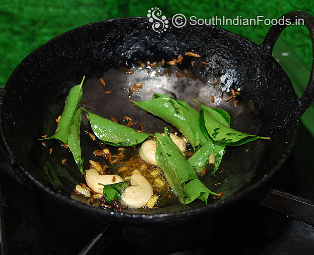 Heat ghee in a pan add cumin, peppercorns, ginger, curry leaves, cashews saute