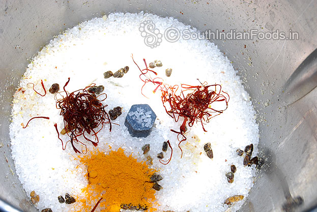 Then add saffron, turmeric powder & grind to fine powder