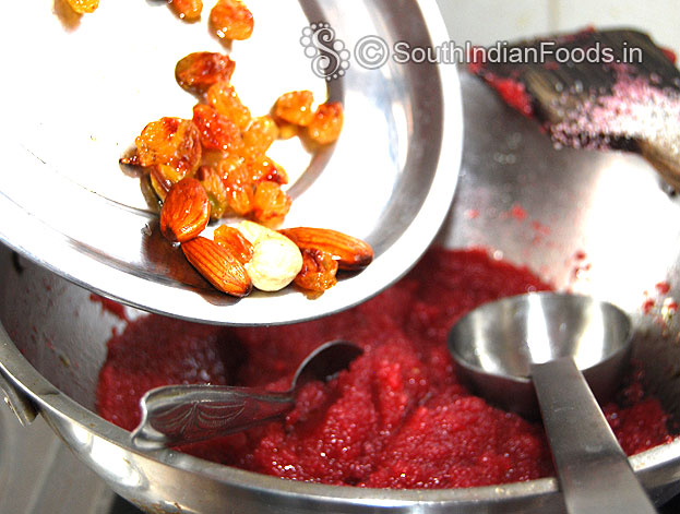 Add ghee roasted nuts, raisins