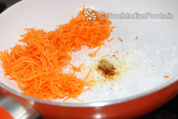 Heat ghee in a pan add carrot, coconut, nuts,roast