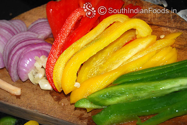Slice onion, capsicum, garlic, green chilli